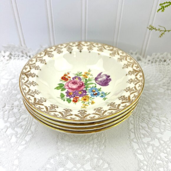 Vintage Edwin M. Knowles Semi Vitreous 4 Floral Berry Bowls Cream Gold Trim - Picture 1 of 10